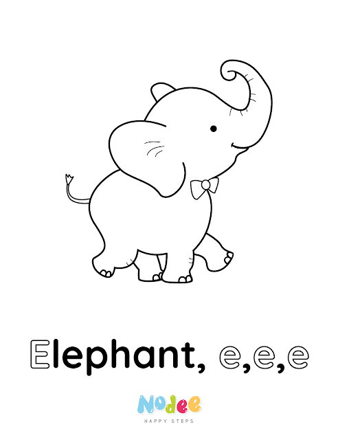 Letter E -  - elephant - Elf - Black and white - coloring -  Nodee Happy Steps flashcards