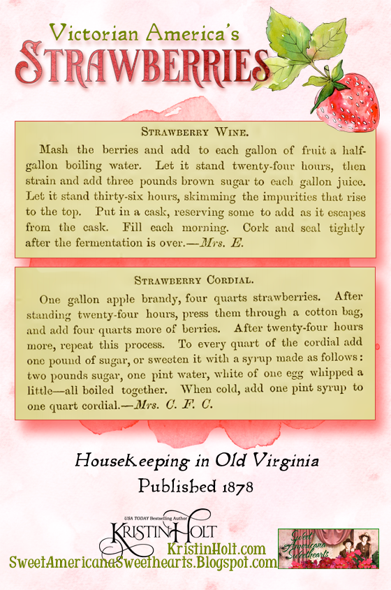 Kristin Holt | Victorian America's Strawberries. Recipes for Strawberry Wine and also for Strawberry Cordial, both from fresh berries. Published in 1878 in Housekeeping in Old Virginia.