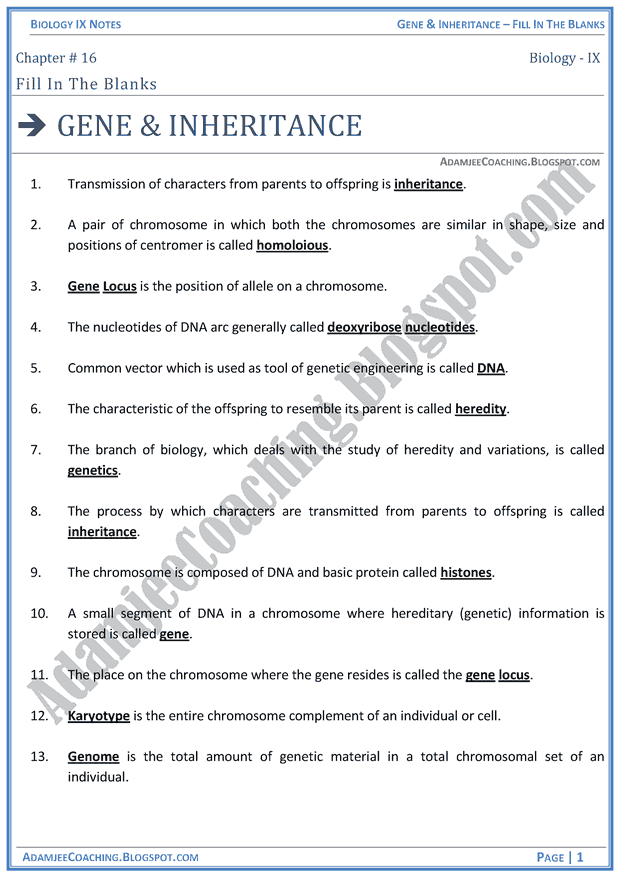 Genes-and-Inheritance-fill-in-the-blanks-biology-notes-for-class-9th