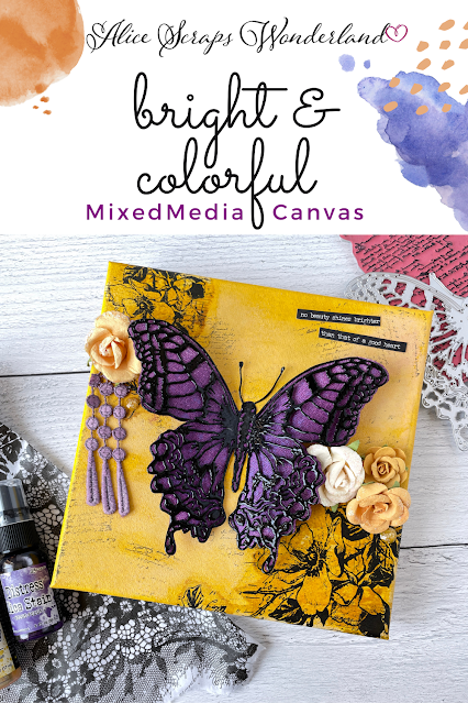 This canvas uses the Perspective Butterfly die and Distress products from Tim Holtz as well as Prima Marketing flowers to create a fun and pretty mixed media canvas.