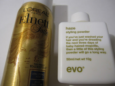 l'oreal elnett satin extra strong hold hairspray, evo haze styling powder