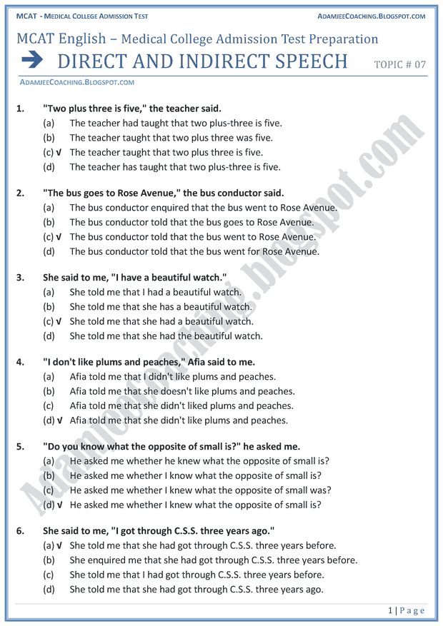 mcat-english-direct-and-indirect-speech-mcqs-for-medical-entry-test
