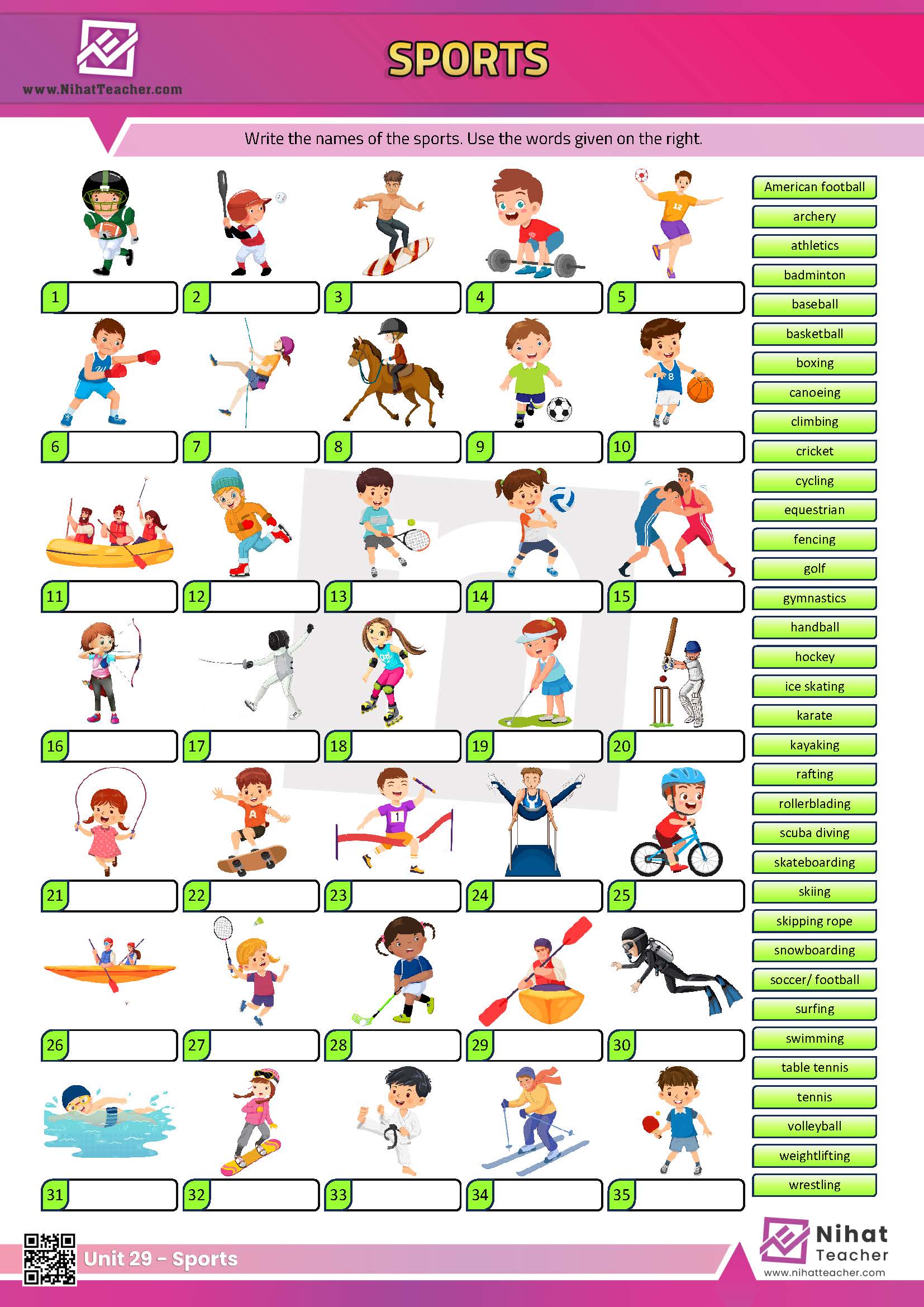 A PDF worksheet about sports in English.  A downloadable, print-friendly, PDF worksheet about sports in English.  Exercises about sports in English.  What is the difference between American football and rugby?  How to play cricket?  Fun, Print-friendly PDF worksheet about sports in English.  #download# Click here to download a PDF worksheet about sports in English.  Search this site to find more worksheets about sports in English.