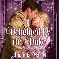 Delighted by the Duke audiobook cover. A woman in pink kisses a man dressed in a golden brocade coat and cravat in a magical, Regency scene. 