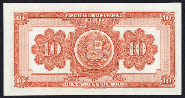 Peru money currency 10 Soles de Oro banknote 1951