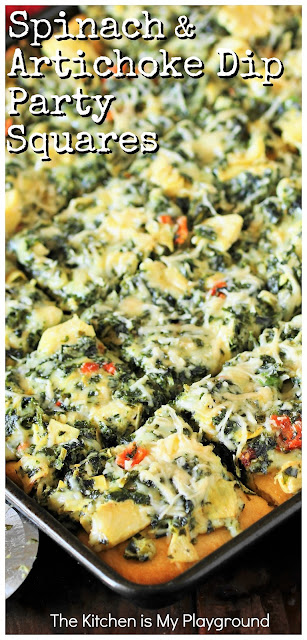 Spinach & Artichoke Dip Party Squares ~ Bake everyone's favorite spinach & artichoke dip on a crescent roll crust and turn it into delicious party squares! Perfect for gobbling up during game day watching or for any party. #gameday #partyfood #spinachdip www.thekitchenismyplayground.com