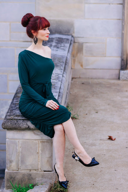 Emerald One Shoulder Ruched Slinky Midi Dress - Savannah from FemmeLuxeFinery.co.uk