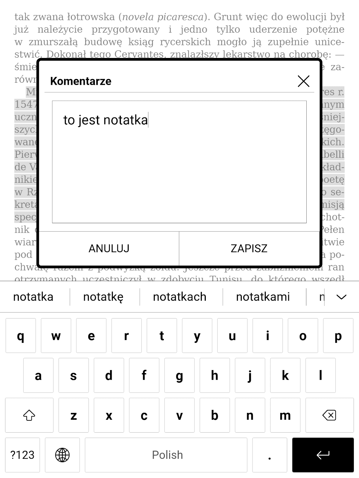 PocketBook InkPad 4 – dodawanie notatki do zaznaczania