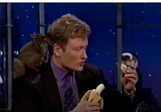 Conan holding a banana and a Bush Baby