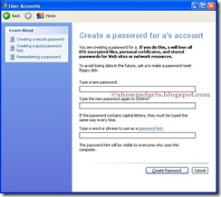 create Password to user account in Windows XP