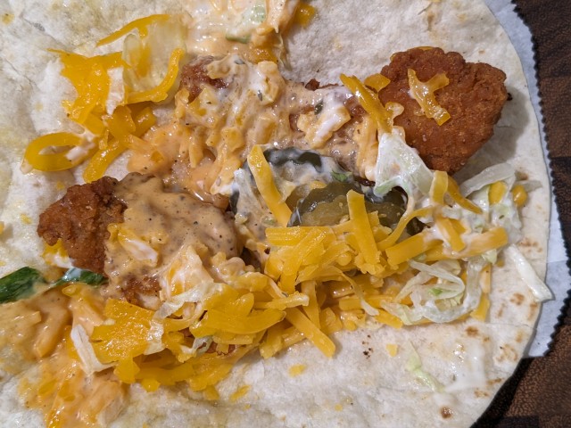 Close up of contents of Jack in the Box Classic Crispy Jack Wrap.