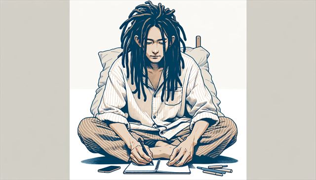 Create a wide illustration depicting a casual day of a Japanese man with dreadlocks. He is dressed casually, perhaps in a relaxed home environment, sitting or lying down in a way that suggests he is taking a break or leisurely engaging in a day off. The illustration should capture the essence of a simple, minimalist style, focusing on the calm and relaxed atmosphere of a day spent without work. Include elements that hint at him writing a diary or considering social media interactions, but keep the overall scene uncomplicated and serene.