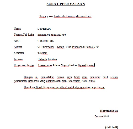 Contoh Surat Pernyataan ~ Jefriadi Azwar's