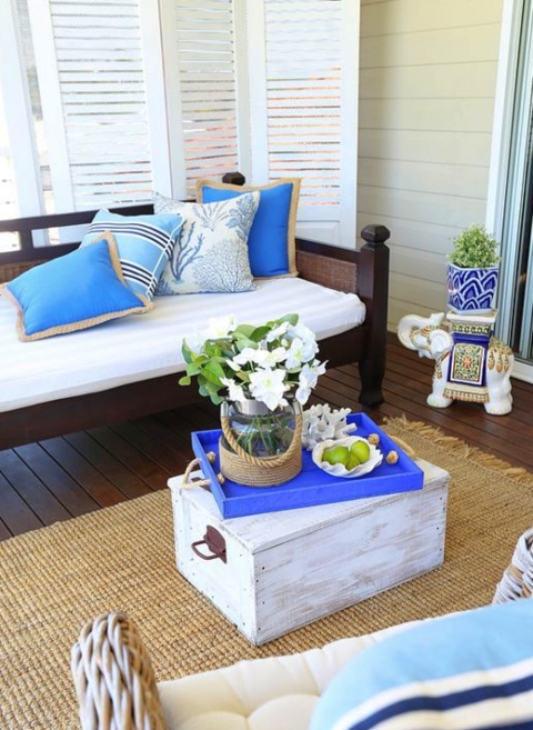 Coastal Beach Nautical Tray Vignette Blue Tray with Rope Handles Porch Decor