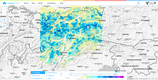 Nella pagina valanghe report è possibile visualizzare su mappe l'altezza della neve, la neve fresca, la differenza di neve, il limite delle nevicate, la temperatura e il vento. Qui, ad esempio, sono riportate le altezze neve dell'11.01.2023.