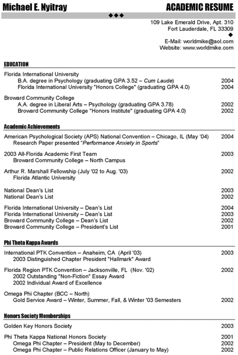 Check out a sample academic resume: