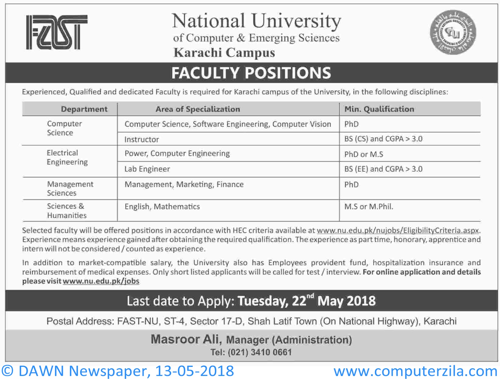 Faculty Positions At FAST at National University of Computer & Emerging Sciences