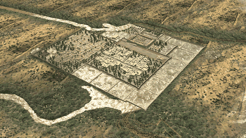 चौकोर दीवारों से घिरे "दुर्ग", "लोअर टाउन" और "मिडिल टाउन" के साथ पूरे शहर का एक दृश्य