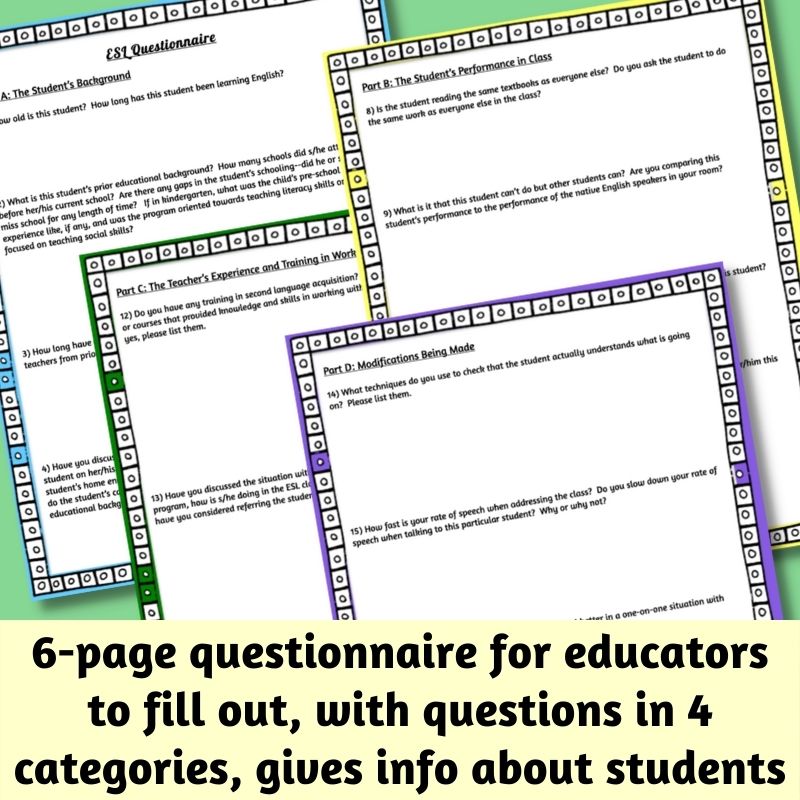 Image showing 4 pages from the Learning Disability or ESL Issue Guide for Educators of ELLs resource, with text at bottom giving info about the questionnaire
