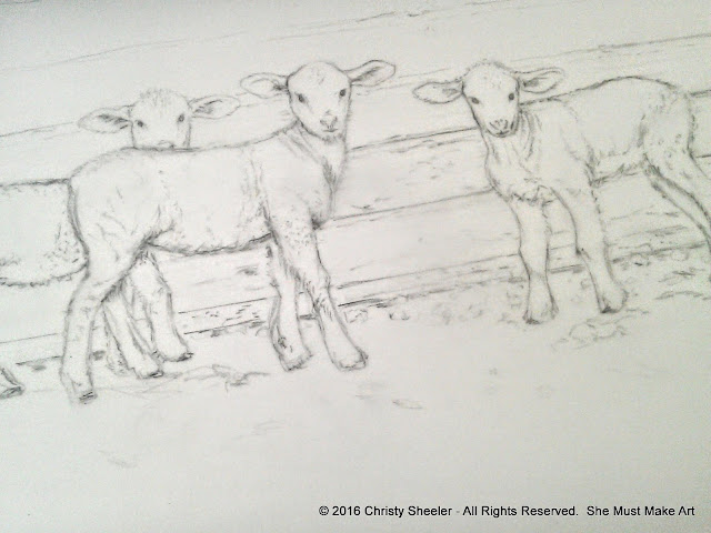 The pencil sketch of lambs on tracing paper.