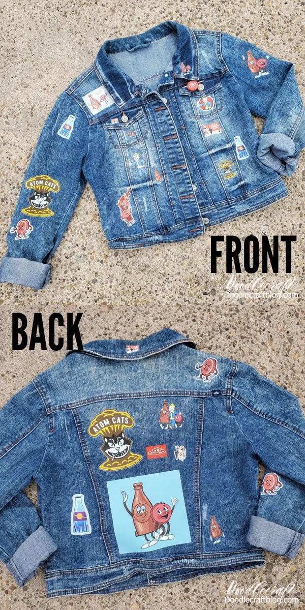 front and back of an upcycled denim jacket with fallout theme