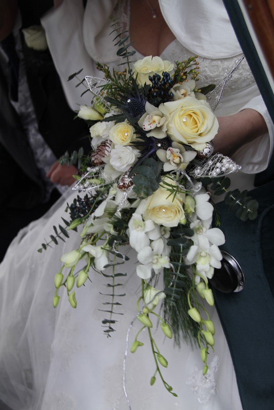 Frosted Cascade Flower Design Wedding Bouquet in Deep Blue White