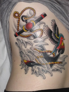 Anchor Birds and Waves Tattoo Design on Sidebody