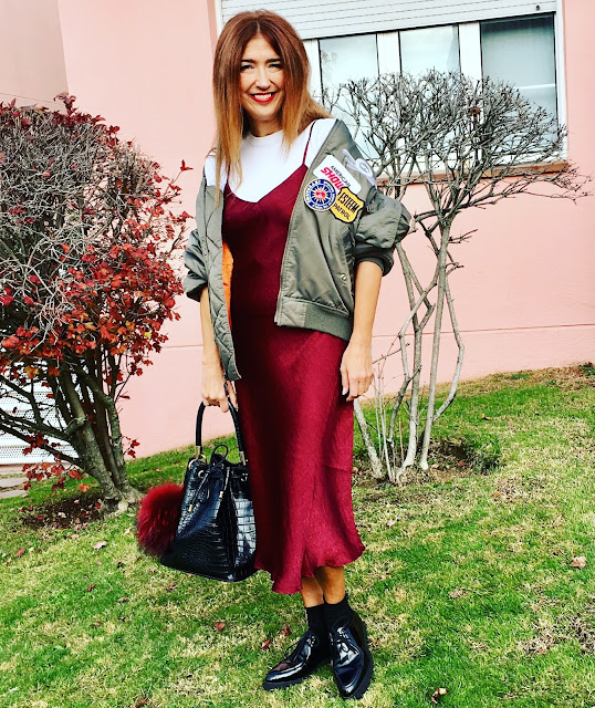 JustFab, Burgundy, Vestido Lencero, Bolso Saco, Bomber, Street Style, Cool, Shopping, Carmen Hummer