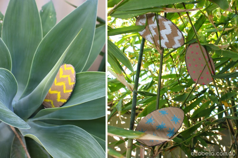 cardboard easter eggs hiding in plants for a chocolate free easter hunt game