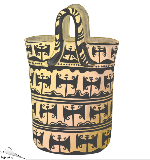 ミノア文明・プッシーラ遺跡・バッグ形容の両刃斧絵柄の奉納容器 Minoan Basket-shaped Vase with Double Ax, Pseira／©legend ej