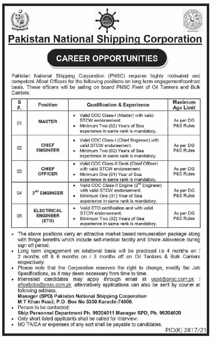 Latest Pakistan National Shipping Corporation PNSC Management Posts Karachi 2022