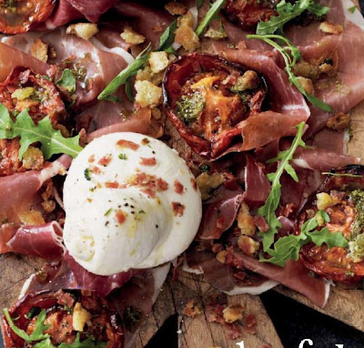 Burrata with slow roasted tomatoes and salami crumbs