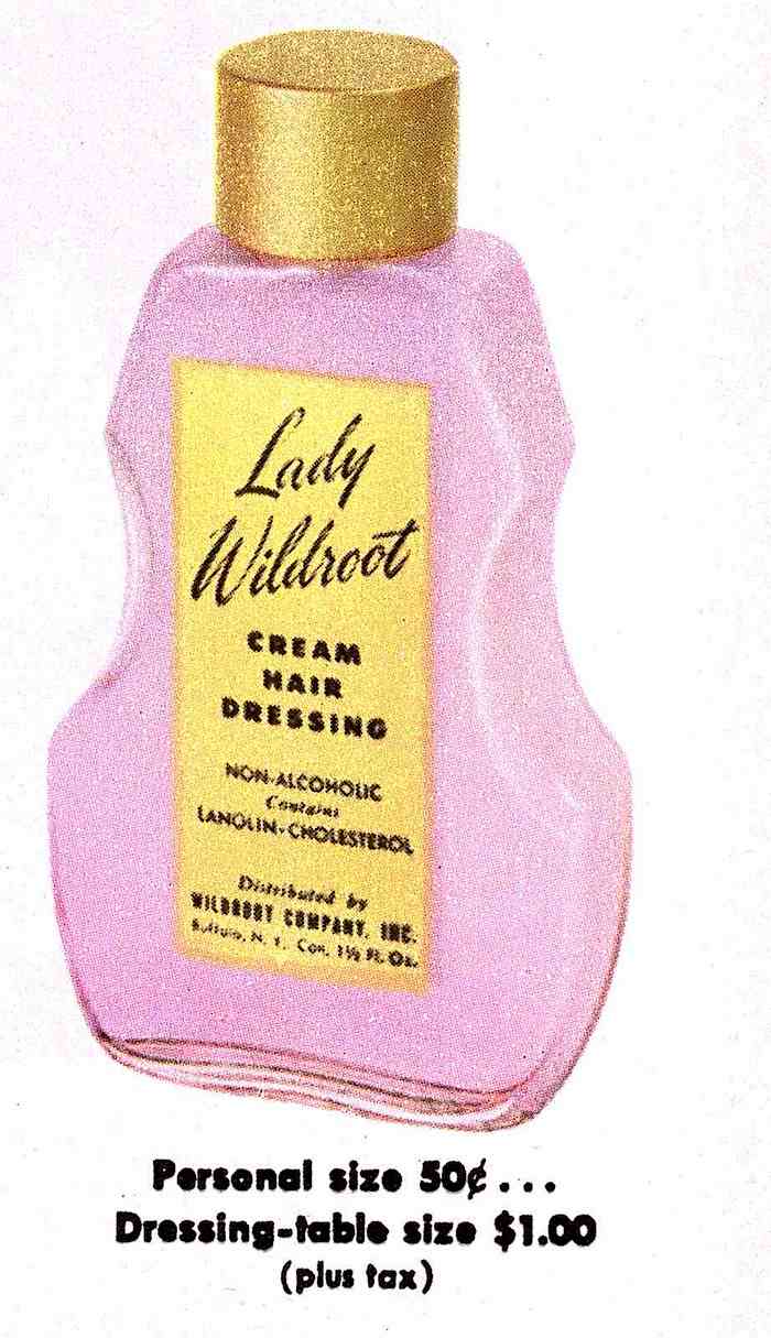 1952 Lady Wildroot packaging for women, a pink and gold bottle