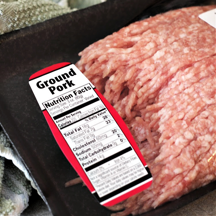 Raw Ground pork for Asian Pork Meatballs in it's orginal packaging with nutrition information showing