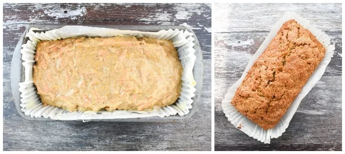 Making vegan carrot cake - step 4 (cake mix poured into loaf tin and baked)