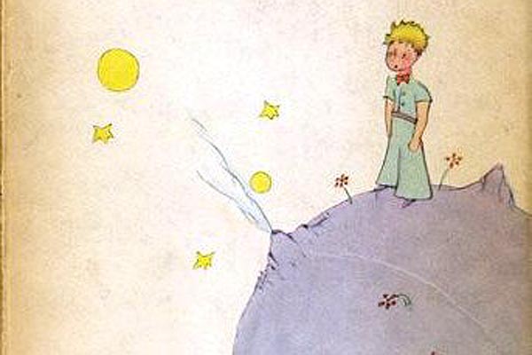 cartoon cover illustration from a book; a small blonde boy stands with his hands in his pockets on what looks like a very small asteroid, with two volcanoes (one active) and three flowers; planets and stars are in the background