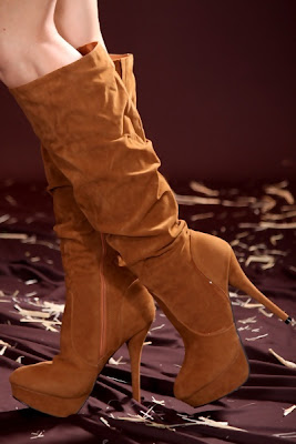 Camel Faux Suede Ruched Calf High Platform Boots 