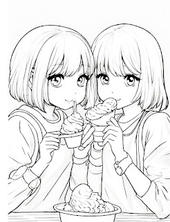 two cute girls eating ice cream coloring book