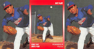 Oscar Rivas 1990 Peninsula Pilots card, Rivas pitching