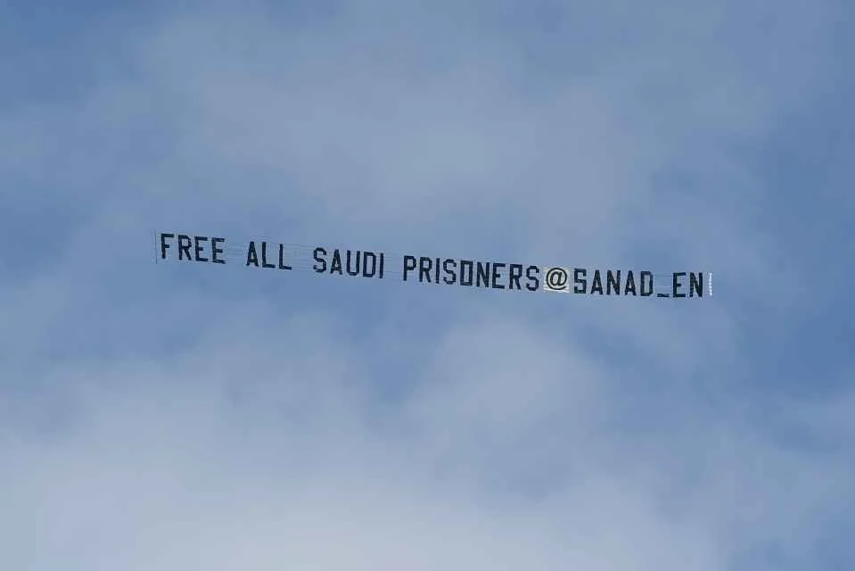 Banner with 'Free all Saudi prisoners' message flown over St James' Park during Newcastle vs Arsenal match