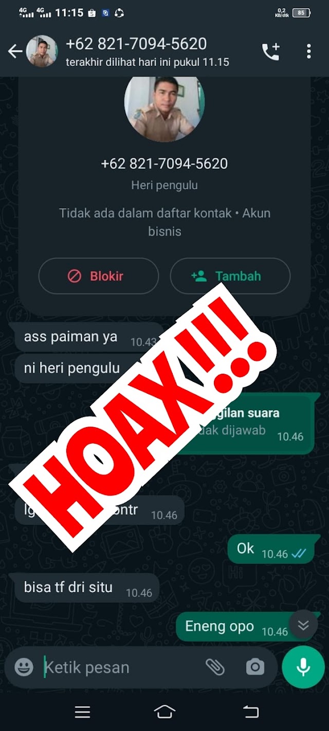 AWAS PENIPUAN !!! BEREDAR AKUN WHATSAPP PALSU MILIK PANGULU NAGORI BANDAR REJO MEMINTA SEJUMLAH UANG