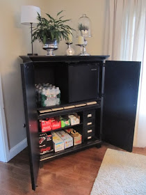 computer desk turned beverage cabinet