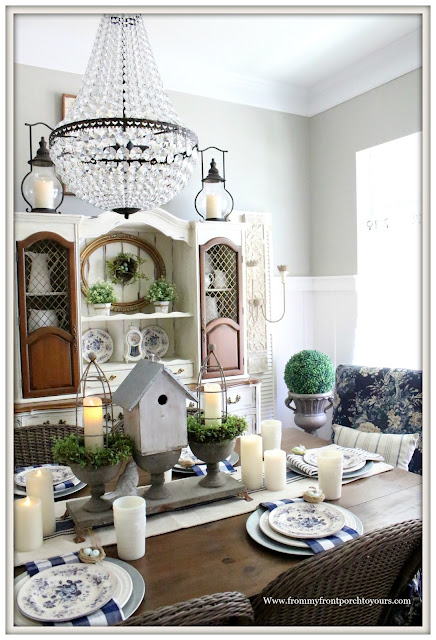 French Country Farmhouse-Dining Room-Crystal Chandelier-Pottery Barn Mia Chandelier-Buffalo Check-Blue and White-Milk Glass-From My Front Porch To Yours