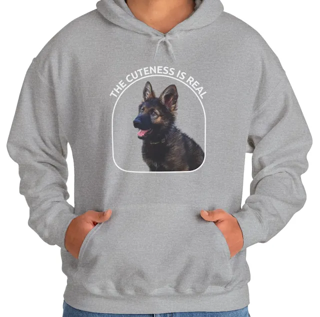 A Hoodie With Cute European Black Sable, Plush Coated German Shepherd Puppy and Caption The Cuteness Is Real