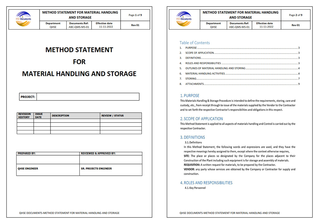 METHOD STATEMENT FOR MATERIAL HANDLING AND STORAGE