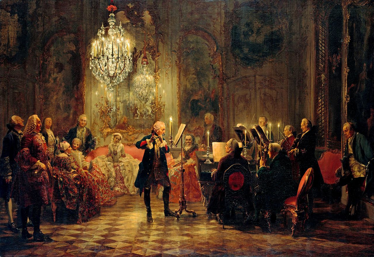 Frederick the Great plays the flute with Carl Phillipp Emanuel Bach ac panying him at the keyboard