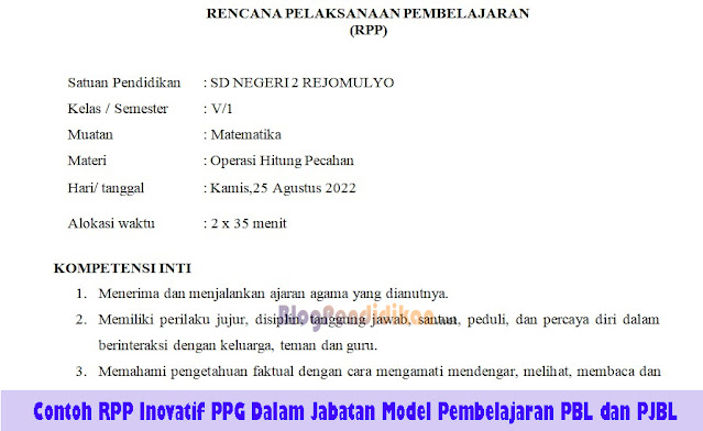 Contoh RPP Inovatif PPG Dalam Jabatan Model Pembelajaran PBL dan PJBL