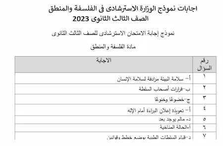 اجابات نموذج الوزارة الاسترشادى فى الفلسفة والمنطق الصف الثالث الثانوى 2023