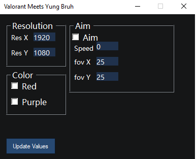 Screenshot of the C Sharp Aimbot Cheat interface for the popular first-person shooter game, Valorant