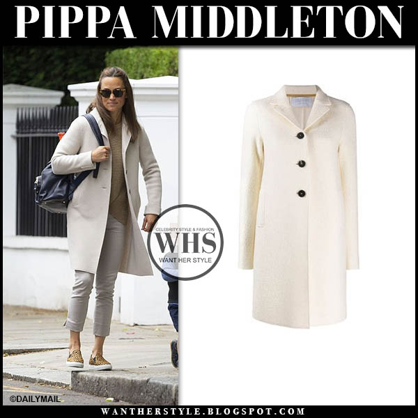 Pippa Middleton in cream coat and leopard print sneakers
